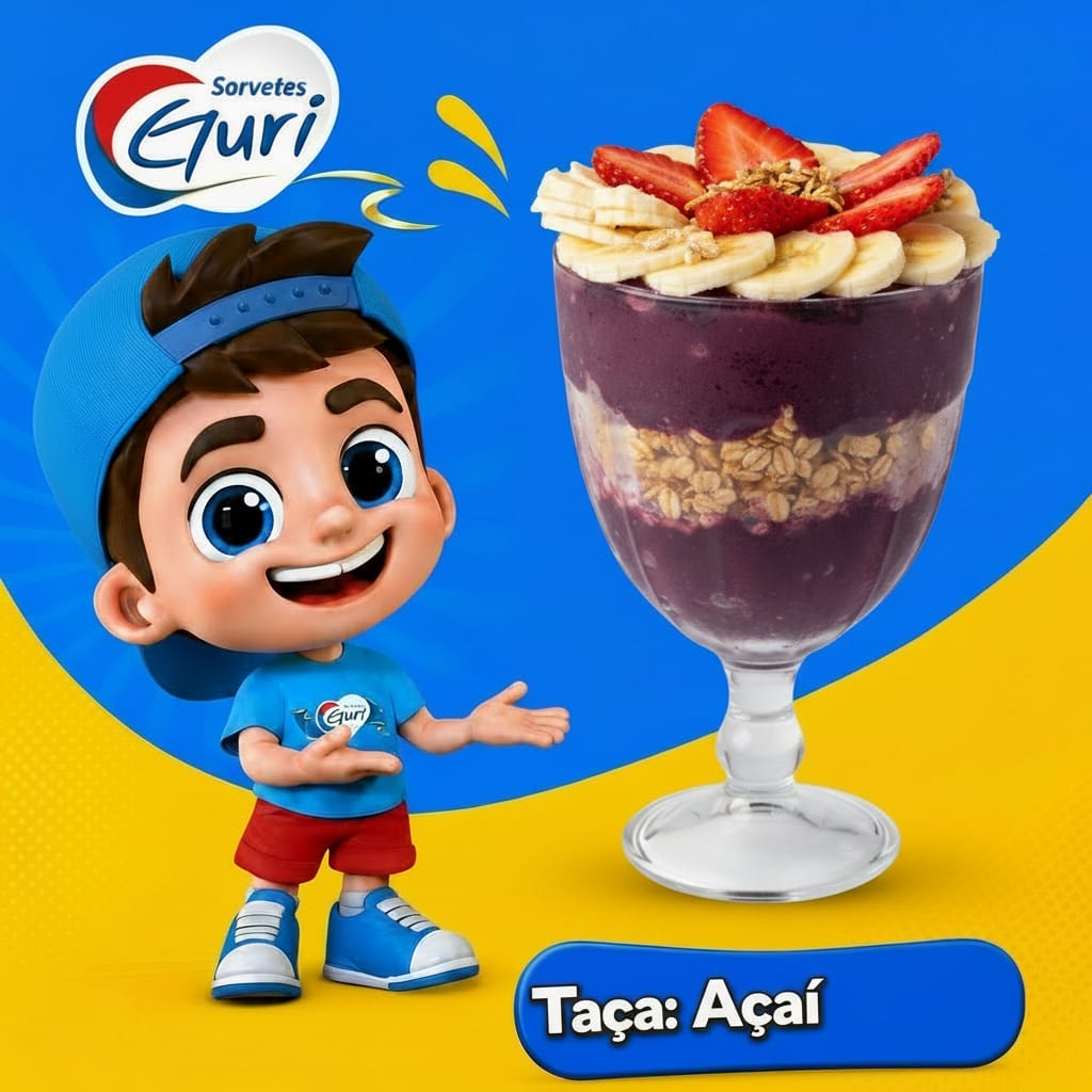 Taça de açaí Guri com banana, morango e granola em Londrina