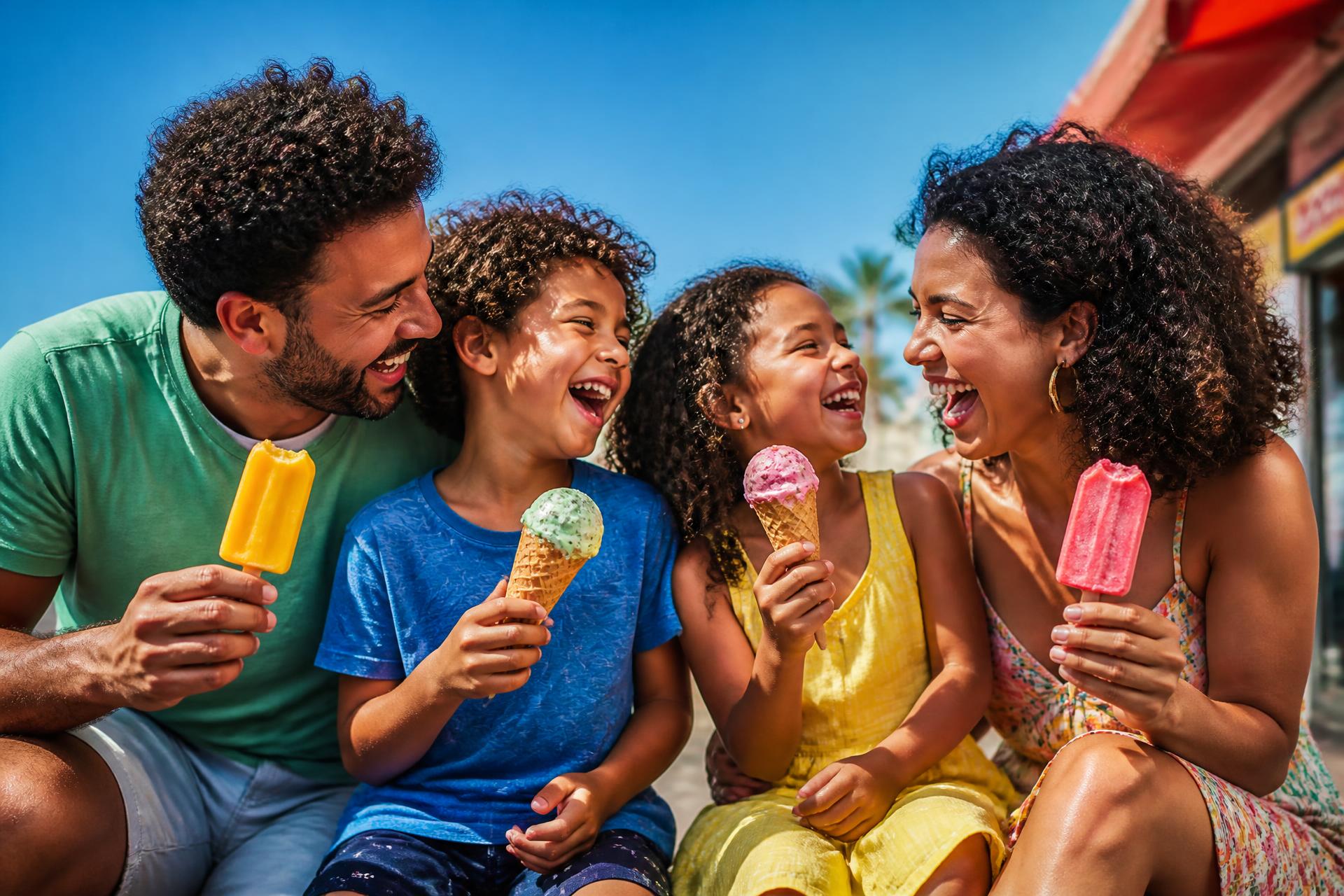 Família sorrindo enquanto saboreia sorvetes e picolés Guri em um dia de verão